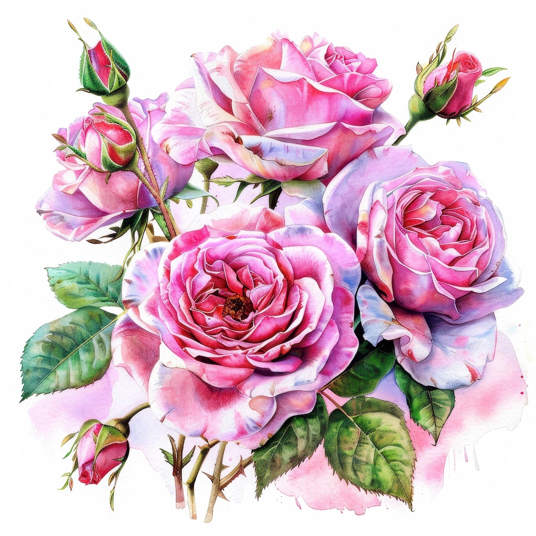 Pink Roses Flowers With Splash Clipart, Floral Elements, Watercolor ...