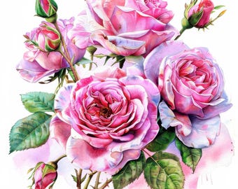 Pink Roses Flowers with Splash Clipart, Floral Elements, Watercolor Floral Graphics, Digital Pink Floral Bouquet, Spring Flower, Roses Image