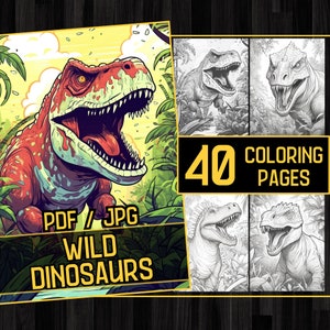 Wild Dinosaurs 40 Coloring Page Book, Adults kids Instant Download, Grayscale Coloring Pages, Printable PDF, printable dinosaur coloring