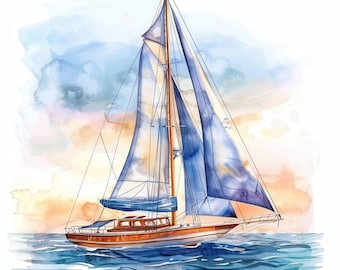 13 Sailing Ship Clipart Bundle, Printable Watercolor Elegant Boat Illustrations, High Quality JPG, Paper craft, junk journals, Card Making