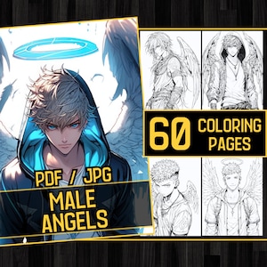 Anime Male Angels Adult Coloring Book 60 Handsome Coloring Pages,Grayscale Angel Boys Anime Manga Coloring,Instant Download,Printable PDF