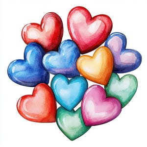 12 doces de coração coloridos, pacote de ilustrações de clipart, gráficos de aquarela para impressão, JPG de alta qualidade, artesanato em papel, criação de cartões digitais