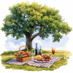 Paquete de 14 imágenes prediseñadas de mesa de picnic de verano, imágenes prediseñadas de picnic de acuarela imprimibles, JPG de alta calidad, manualidades de papel, descarga digital, revistas basura