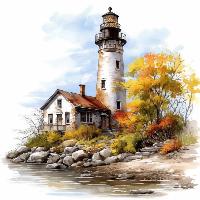 13 Fall Lighthouse View Clipart Bundle, Printable Watercolor Autumn ...
