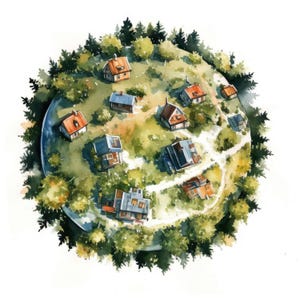 Puede incluir: Ilustraci&oacute;n en acuarela de un pueblo en miniatura sobre un paisaje esf&eacute;rico. La escena presenta peque&ntilde;as casas con tejados naranjas y grises, rodeadas de &aacute;rboles verdes y zonas de hierba. La obra de arte tiene un aire caprichoso y de cuento.