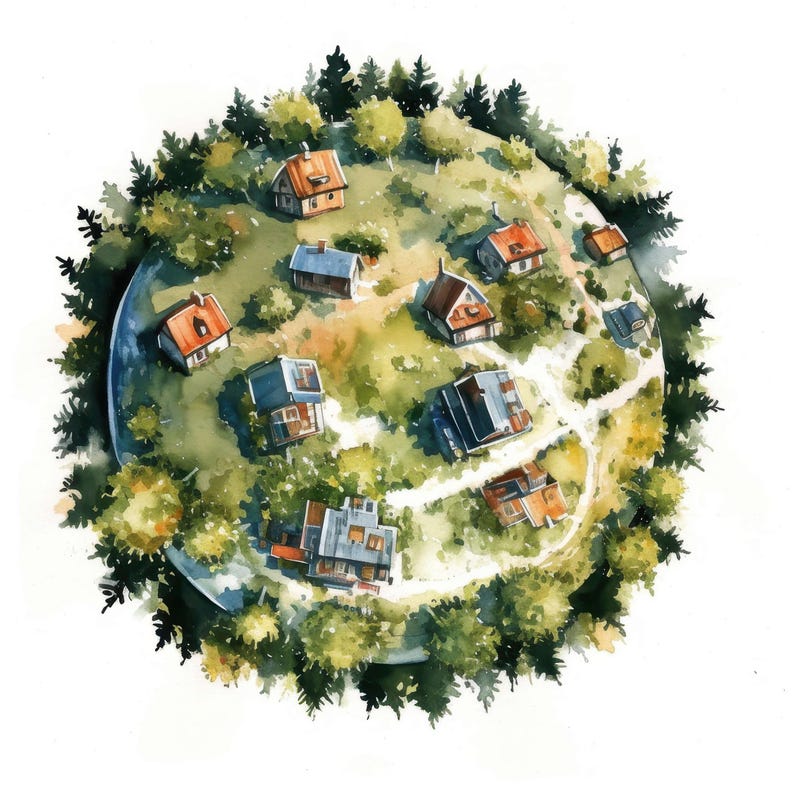 Puede incluir: Ilustraci&oacute;n en acuarela de un pueblo en miniatura sobre un paisaje esf&eacute;rico. La escena presenta peque&ntilde;as casas con tejados naranjas y grises, rodeadas de &aacute;rboles verdes y zonas de hierba. La obra de arte tiene un aire caprichoso y de cuento.