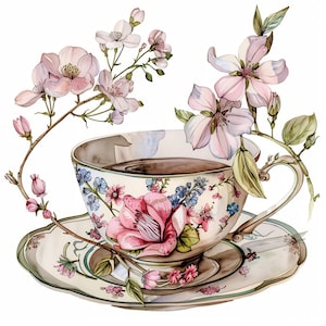 Pacote de 14 clipart de xícaras de chá e flores, ilustrações de flores, clipart de aquarela para impressão, JPG de alta qualidade, download digital, artesanato em papel