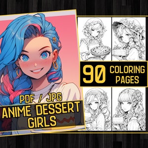 Anime Dessert Girls Adult Coloring Book 90 Coloring Pages Book,Grayscale Fantasy Anime Manga Coloring,Instant Download,Printable PDF & JPG