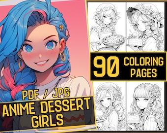 Anime Dessert Girls Adult Coloring Book 90 Coloring Pages Book,Grayscale Fantasy Anime Manga Coloring,Instant Download,Printable PDF & JPG