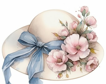 15 Retro Floral Hat Clipart Bundle, Printable Watercolor Woman's Hat Illustrations, High Quality JPG, Paper craft, journal, Card Making