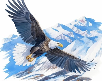 13 Eagle Soaring Clipart Bundle, Eagle with Mountain Images Print, Printable Watercolor Clipart, High Quality JPG, Paper craft, Junk Journal