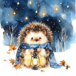 Lot de 16 cliparts hérisson avec lanterne, adorables illustrations, clipart aquarelle imprimable, JPG haute qualité, créations en papier, journaux indésirables
