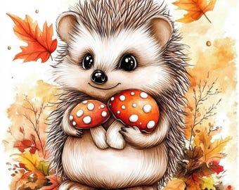 10 Cute Hedgehog Clipart Bundle, Fall Harvester Illustrations, Printable Watercolor Clipart, High Quality JPG, Paper craft, Junk Journals