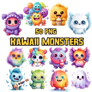 Aquarell Kawaii Monsters Clipart Bundle, spielerische und lustige Charakter Illustration, süße entzückende Monster PNG Bilder, kommerzielle Nutzung