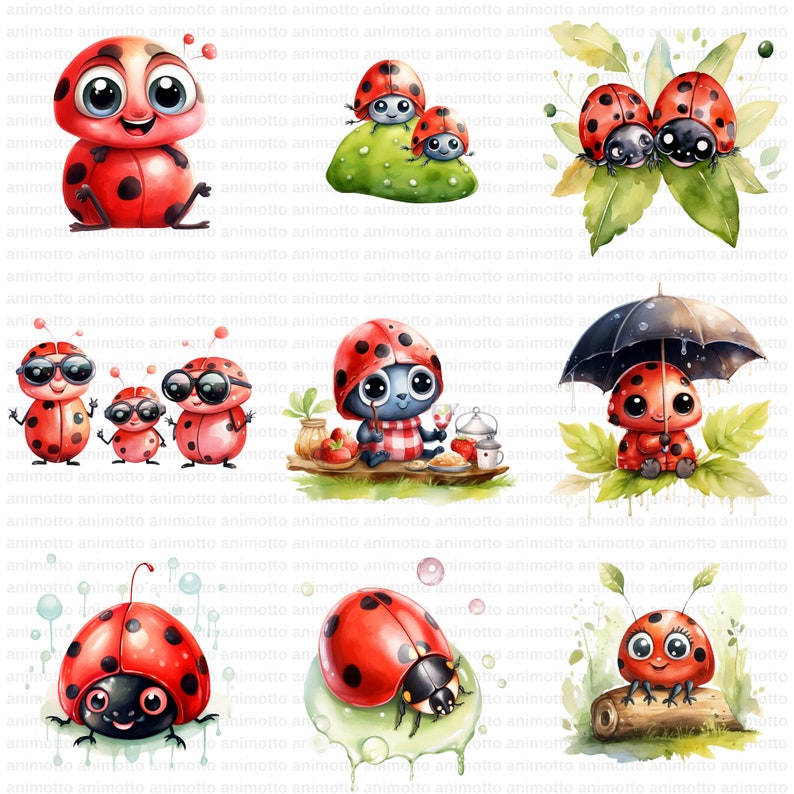 Watercolor Cute Ladybugs Clipart Bundle, Adorable Ladybug PNG Graphics, Ladybug Illustrations, Instant Download for Commercial Use