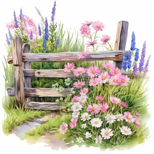 17 Spring Fence Clipart Bundle, Floral Fence Print Illustrations, Printable Watercolor Clipart, High Quality JPG, Paper craft, Junk Journals