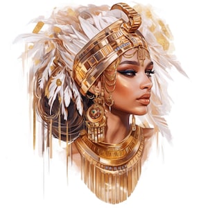 May include: Illustration of a woman adorned in gold jewelry and a headdress with white feathers. The woman has dark hair and makeup, with a profile view showcasing the intricate details of the gold accessories.