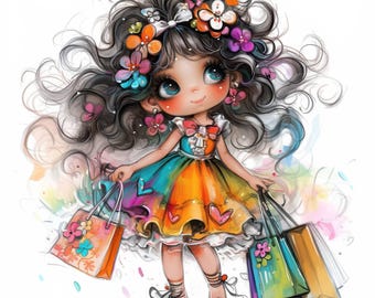15 Cute Whimsical Girl Clipart Bundle, Quirky Girl Illustrations, Printable Watercolor Clipart, High Quality JPG, Paper craft, Junk Journals