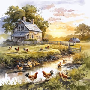 Pacote de 10 clipart de cenário de fazenda encantador, imagens de campo para fazer cartões, clipart de aquarela para impressão, JPG de alta qualidade, download digital