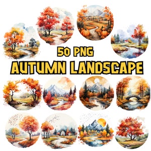 Watercolor Autumn Landscapes Clipart Bundle, Cozy Fall Scenes, Sunset, Leaves, Countryside Illustrations, Autumn PNG Graphics Commercial Use