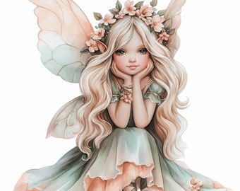 May include: A watercolor illustration of a fairy with long blonde hair, wearing a green dress and a flower crown. The fairy has large, delicate wings in shades of pink and green. She is sitting with her hands under her chin, looking serene.