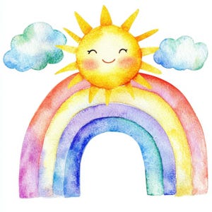 20 Sun And Rainbow Watercolor Clipart, Nursery Rainbow Image Illustrations, High Quality JPG, Digital download, High Resolution, Paper craft
