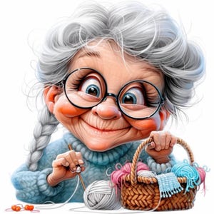 11 Senior Lady Knitting Clipart Bundle, Old Woman Illustrations, Printable Watercolor Clipart, High Quality JPG, Paper craft, Junk Journals
