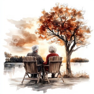 Paquete de 12 imágenes prediseñadas de pareja romántica de ancianos en un banco del parque, imágenes prediseñadas de acuarela imprimibles, JPG de alta calidad, descarga digital, manualidades de papel, diarios