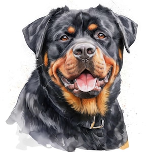Puede incluir: Retrato en acuarela de un perro Rottweiler. El perro tiene pelaje negro con marcas color canela alrededor de los ojos, el hocico y el pecho. El perro sonríe con la lengua fuera y lleva un collar.