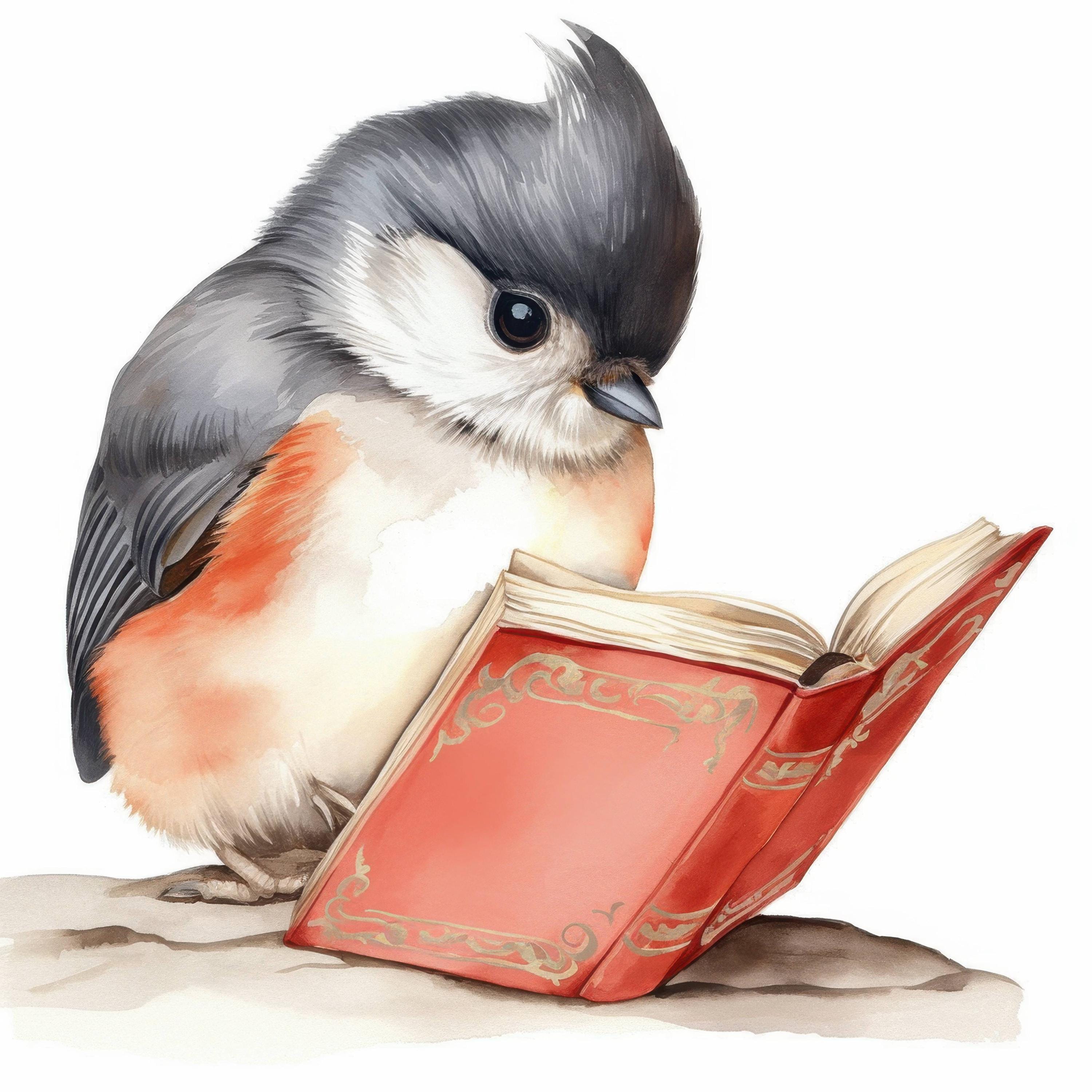 鳥の読書用イラスト12点セット、風変わりなイラスト、印刷可能な水彩画