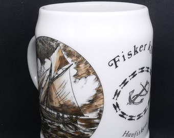 Vintage glazed ceramic stein/mug handmade in 1970s. Collectible mug from Egemose decoration , Fisker Krus , Havfiskeri