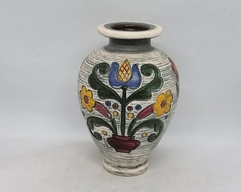Vintage "Gmunden Keramik" Incised Floral Hand Painted Vase, Made in Austria, 1950s, Rare find, Collectible
