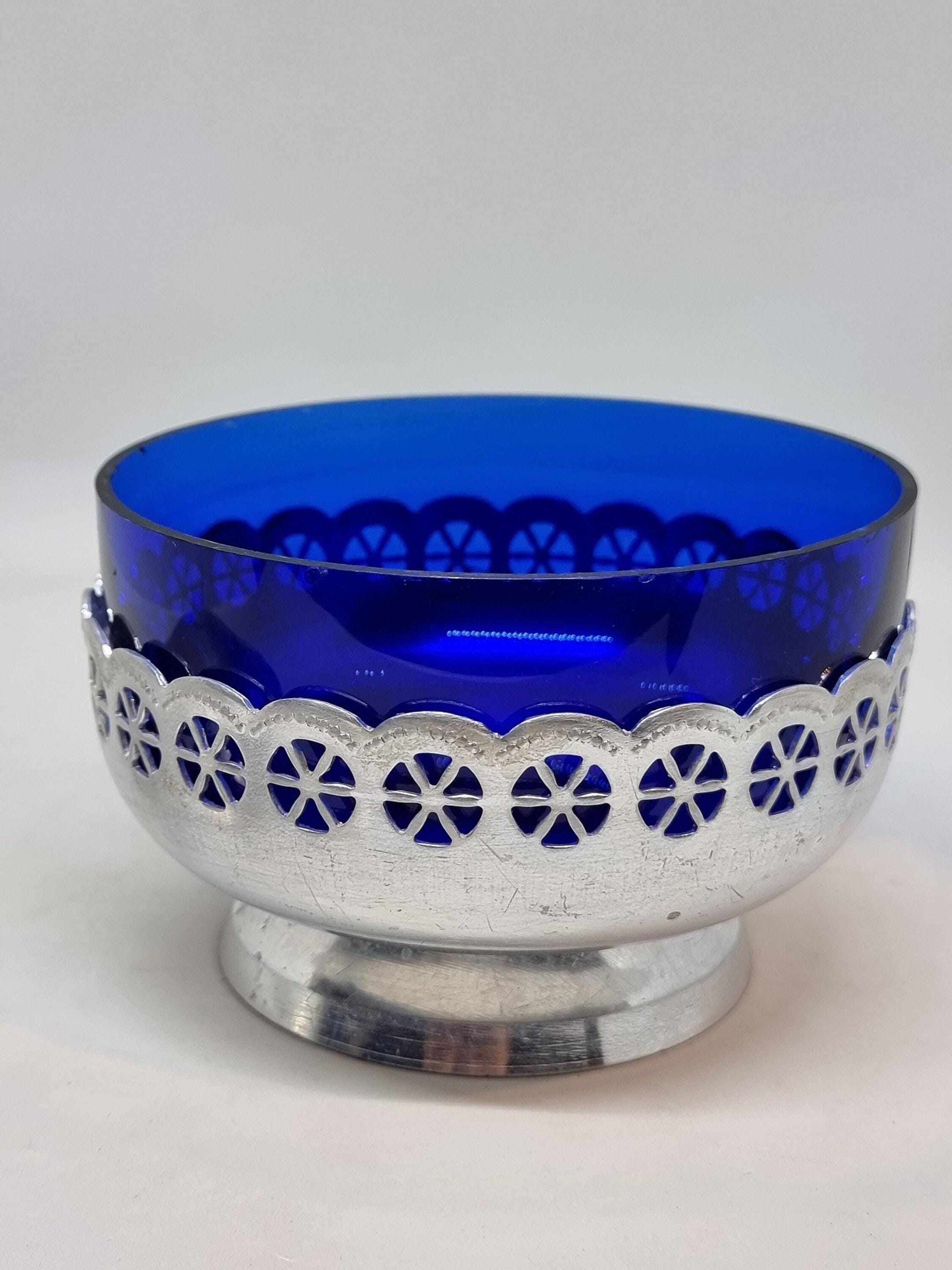 Sucrier Ancien En Verre Bleu Cobalt – France 1920-1949 – Avec Petite Cuillère