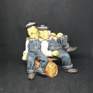 Vintage ceramic figurine: Laurel and Hardy Sitting on bench, 1970s Extremely Rare find and Collectible. Ceramic