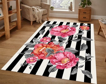 Floral Pattern Rug, Pink Flowers Rug, Flowers Rug, Black White Rug, Living Room Rug, Gift Rug, Decor Rug, Area Rug, Non Slip Rug, Soft Rug