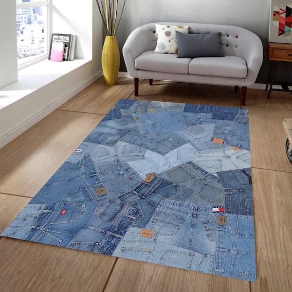 Tapis en jean, Tapis en jean, Tapis à motif en jean, Tapis avec poche en jean, Tapis bleu, Décoration en jean, Tapis cool, Tapis antidérapant, Carpette, Tapis doux