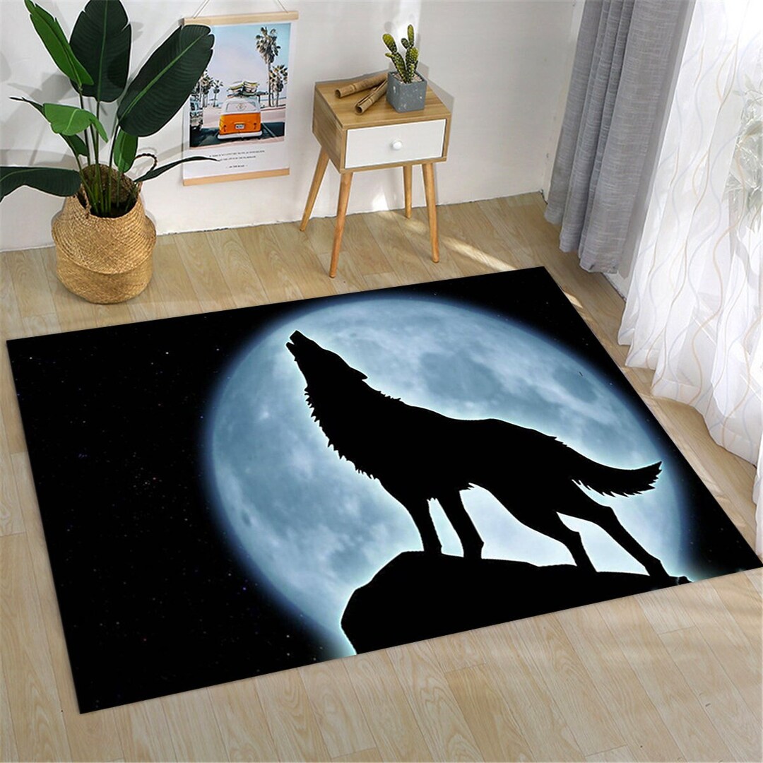 Wolf Rug, Wolf Pattern Rug, Moon Rug, Dark Sky Rug, Animal Rug, Animal ...
