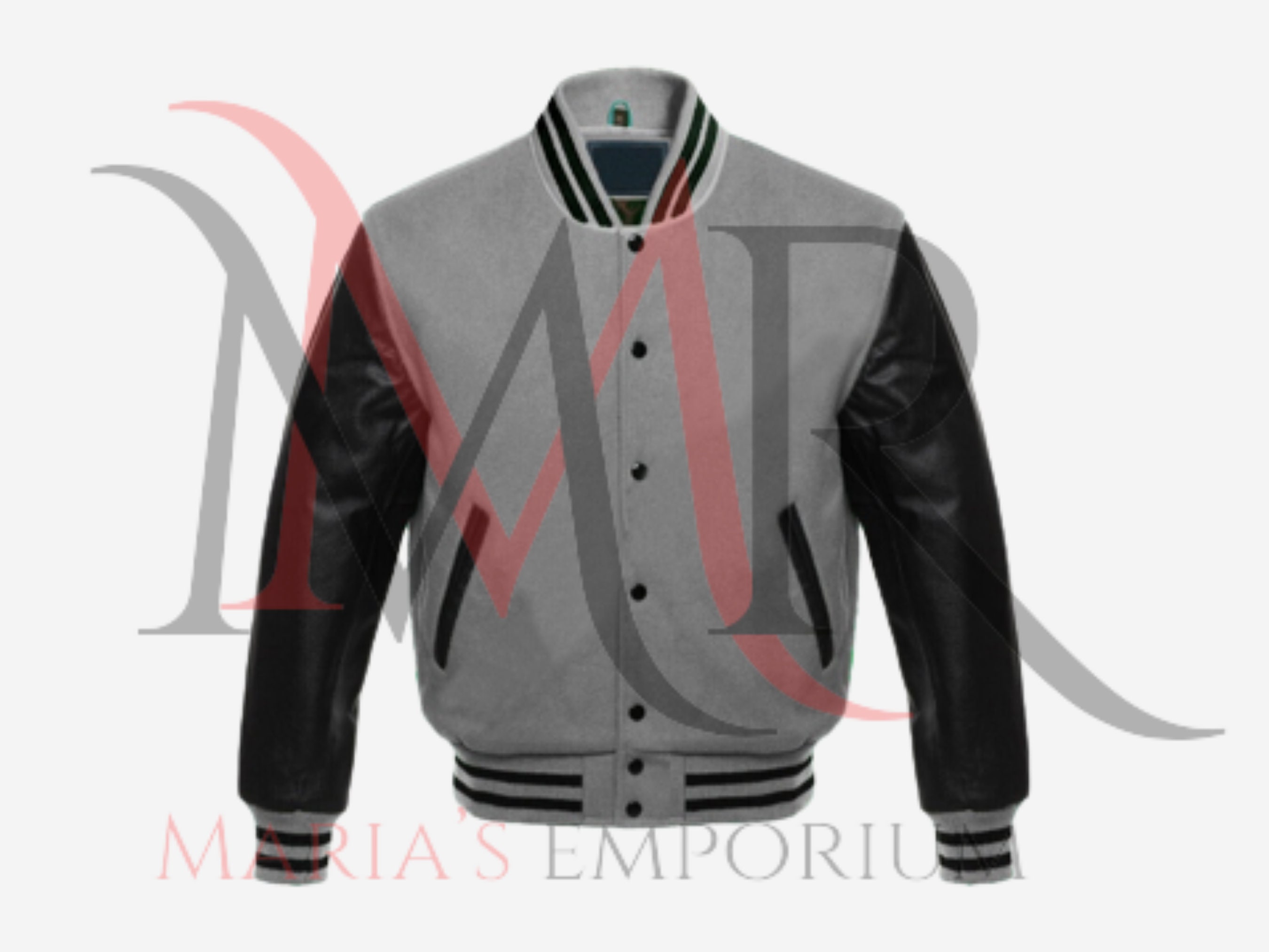 Handmade Grey Wool Blend Varsity Jacket, Black Leather