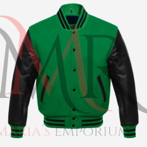Chaqueta universitaria de mezcla de lana negra hecha a mano, chaqueta universitaria con mangas de cuero negro para hombres y mujeres, chaqueta bomber universitaria con bordado personalizado y estilo Letterman