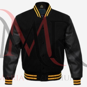 Chaqueta universitaria de mezcla de lana negra hecha a mano, chaqueta universitaria con mangas de cuero negro para hombres y mujeres, chaqueta bomber universitaria con bordado personalizado y estilo Letterman