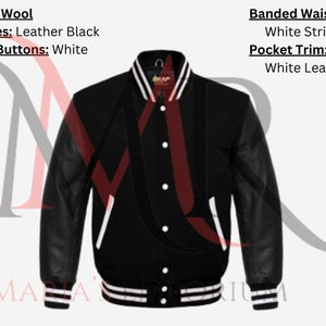 Chaqueta universitaria de mezcla de lana negra hecha a mano, chaqueta universitaria con mangas de cuero negro para hombres y mujeres, chaqueta bomber universitaria con bordado personalizado y estilo Letterman