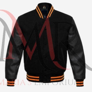 Chaqueta universitaria de mezcla de lana negra hecha a mano, chaqueta universitaria con mangas de cuero negro para hombres y mujeres, chaqueta bomber universitaria con bordado personalizado y estilo Letterman