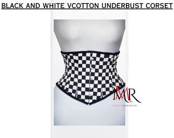 Handmade Cotton Underbust Boned Mesh Corset Fantasy Steampunk Cosplay Goth Hourglass Victorian Cupless Waist Cincher Black & White Chess