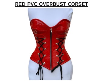 Handmade PVC OverBust Steel Boned Corset - Witchy Gothic Cosplay Vampire Cyberpunk Heavy Duty Waist Trainer Hourglass Shapewear Red & Black