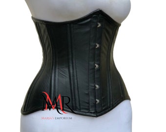 Haut corset en cuir noir sous la poitrine - Haut court steampunk en similicuir sous la poitrine sans bretelles pour femme, Corset désossé en acier, formateur