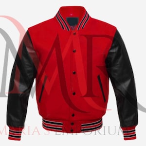 Chaqueta universitaria hecha a mano de mezcla de lana roja, chaqueta universitaria con mangas de cuero negro para hombre, chaqueta bomber universitaria Letterman bordada a medida para mujer