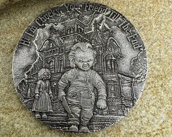 Chucky horror coin, 3d relief on an old uk coin, Chucky the doll