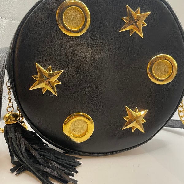 vintage Escada round leather crossbody bag with gold tone chain strap