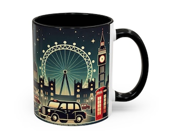 London Eye Big Ben Mug, London City Night Coffee Cup, UK Travel Souvenir Mug, British Taxi & Red Phone Booth Gift