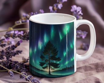 Northern Lights & White Pine Tree Mug - Nature-Inspired Wheel-Thrown Stoneware Pottery